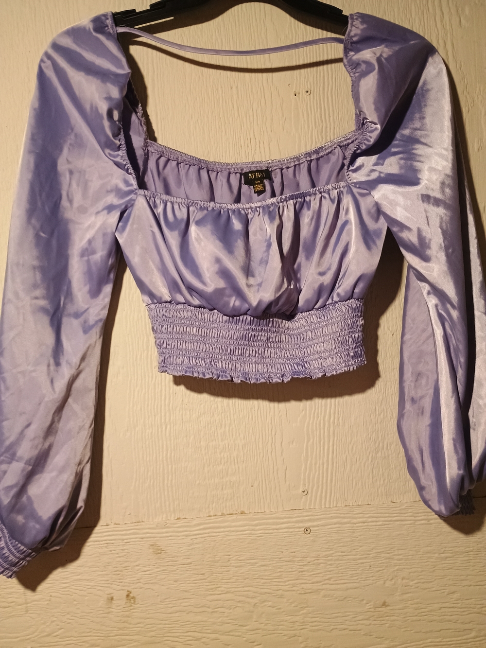 AFRM Lavender Satin Smocked Crop Top with Puff Sleeves